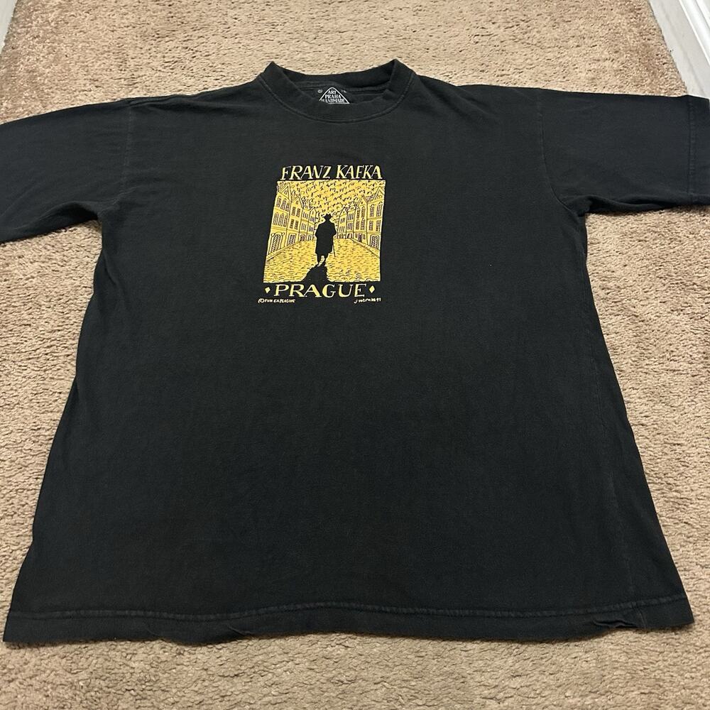 Vintage Franz Kafka Prague 1991 Black T-shirt Fun Explosive Jiri Votruba Art XL